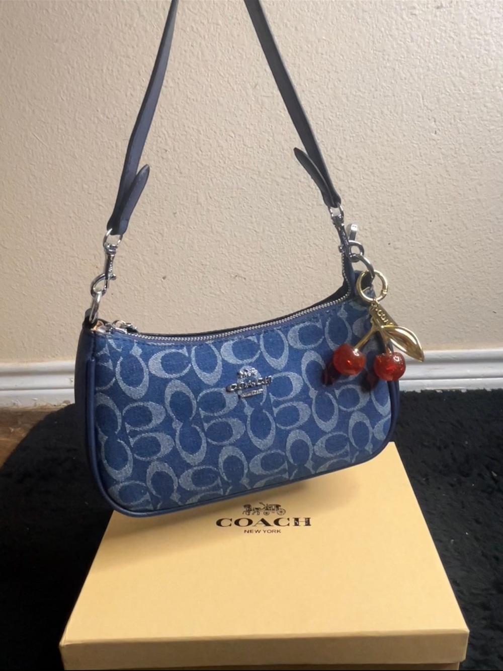 Coach Blue Signature Jacquard Mini Shoulder Bag with Cherry Charm Accent